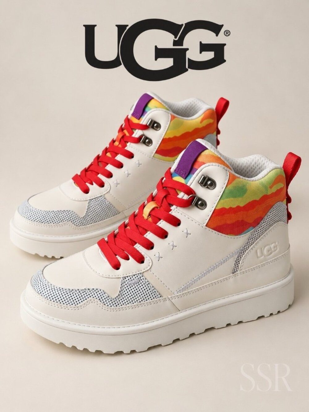 UGG Pride Highland Hi Cali Collage Sneakers Rainbow White Leather NWOB 9.5
